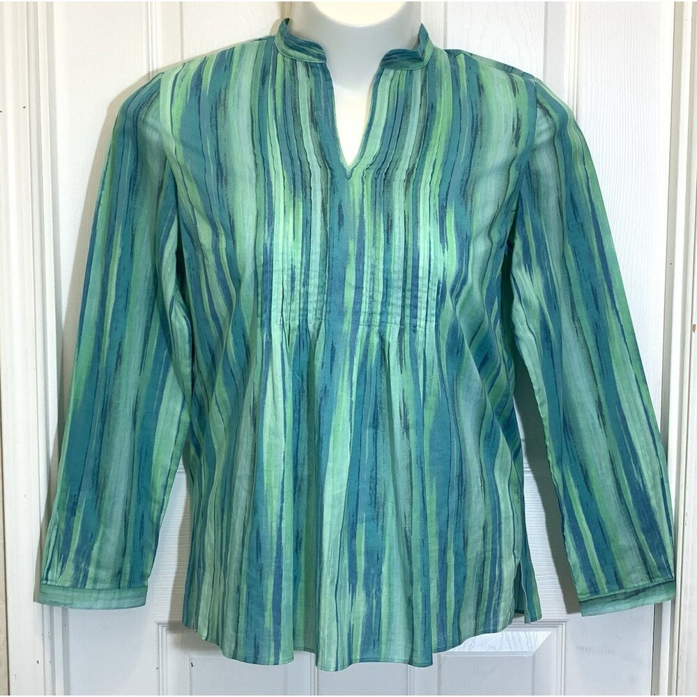 3/$30 Liz & Co Tunic Top Women’s Large Blue Green Striped Pleated Front